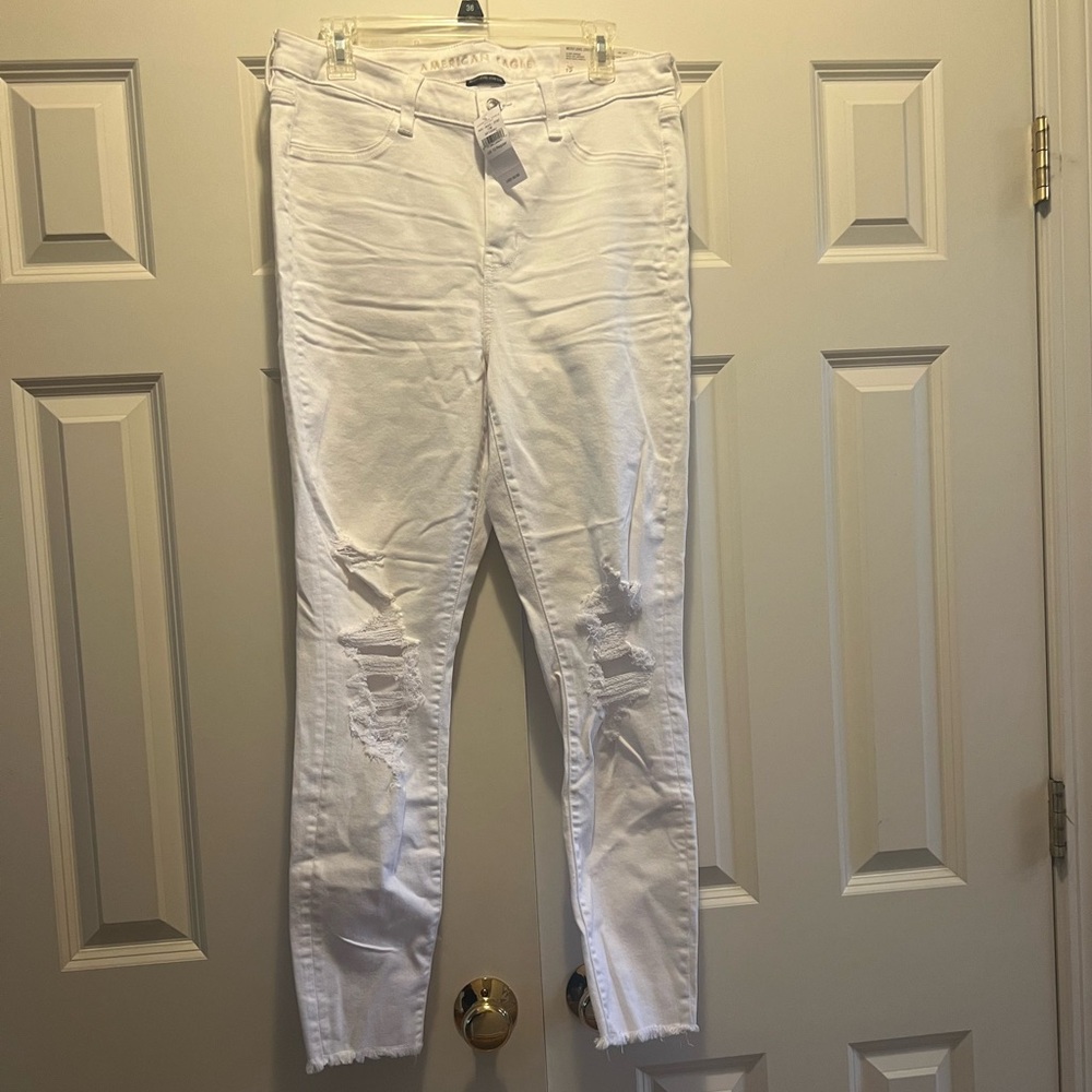 American Eagle Women’s Stretch White Ripped High Rise Jeggings Size 12R 31W